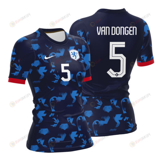 Merel Van Dongen 5 Netherlands 2023 Women Away Jersey - Blue - All Over Printed Jersey