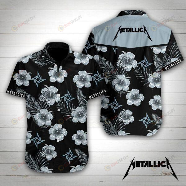 Metallica Black Blue Flower Pattern Curved Hawaiian Shirt