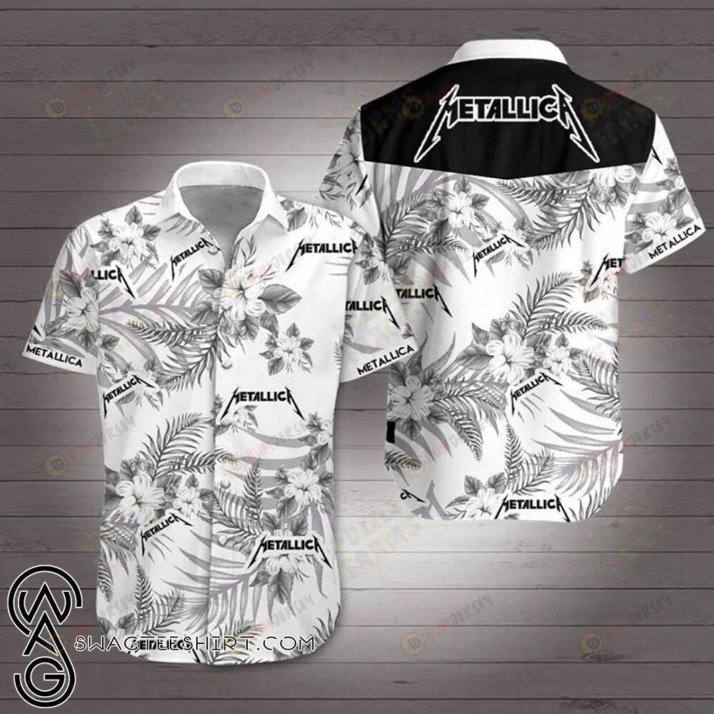 Metallica Curved Hawaiian Shirt In Black White Pattern