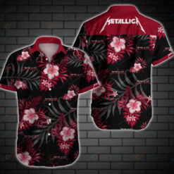 Metallica Leaf & Flower Pattern Curved Hawaiian Shirt In Red & Black