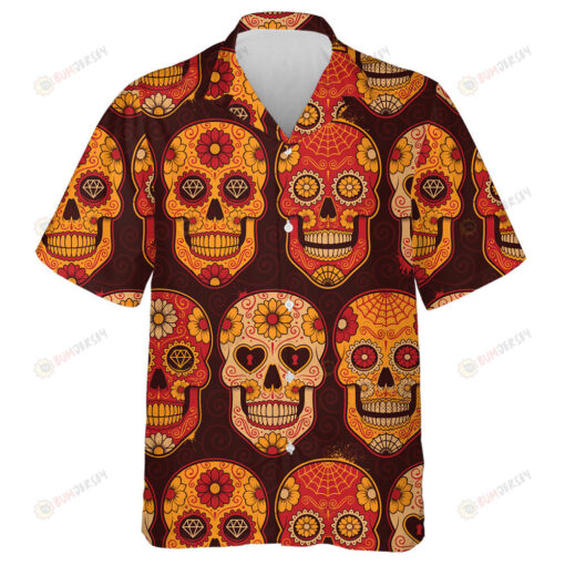 Mexican Calavera Sugar Skulls On Brown Background Hawaiian Shirt