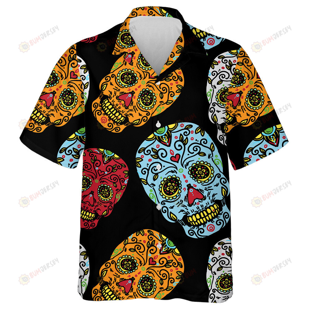 Mexican Sugar Skulls On Black Background Hawaiian Shirt