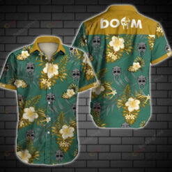 Mf Doom Skull Pattern Curved Hawaiian Shirt In Green & Yellow