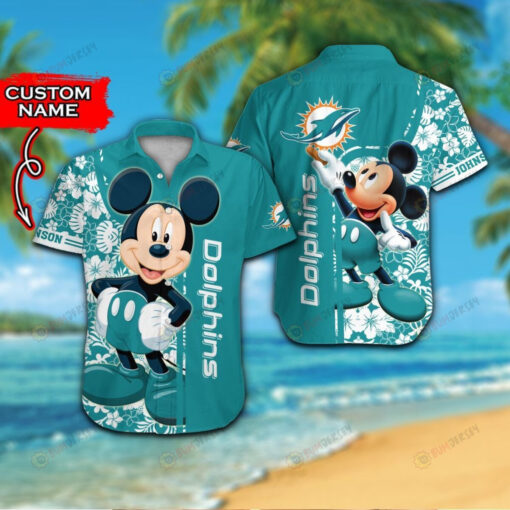 Miami Dolphins And Mickey Custom Name Short Sleeve Button Up Tropical Aloha 3D Printed Hawaiian Shirt