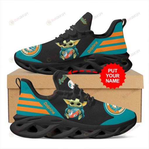 Miami Dolphins Baby Yoda Hug Logo Pattern Custom Name 3D Max Soul Sneaker Shoes