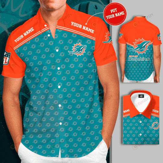 Miami Dolphins Custom Name Curved Hawaiian Shirt In Blue And Orange