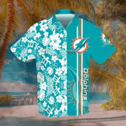 Miami Dolphins Floral & Leaf Pattern Curved Hawaiian Shirt In Blue & White