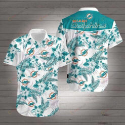 Miami Dolphins Flower & Leaf Pattern Curved Hawaiian Shirt In Blue & White