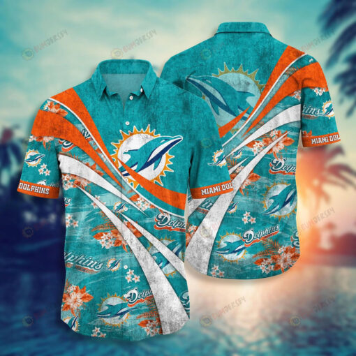 Miami Dolphins Hawaiian Shirt Logo With Tropical Flower And Leave In Turquoise
