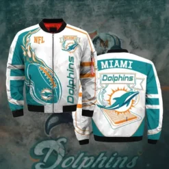 Miami Dolphins Logo Pattern Bomber Jacket - Teal And White