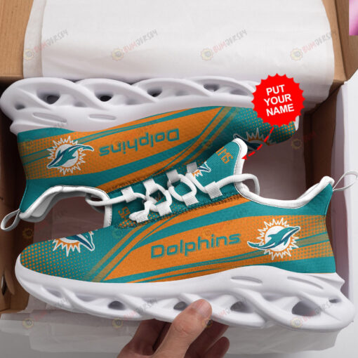 Miami Dolphins Logo Pattern In Turquoise And Orange Custom Name 3D Max Soul Sneaker Shoes