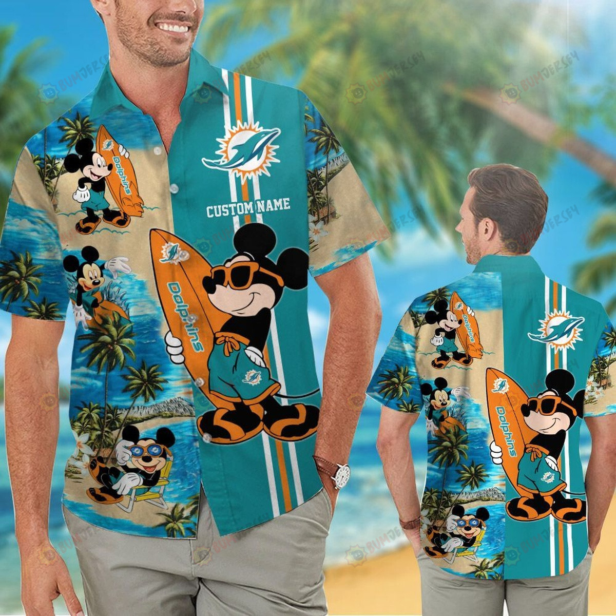Miami Dolphins Mickey Mouse Custom Name Short Sleeve Button Up 3D Printed Hawaiian Shirt