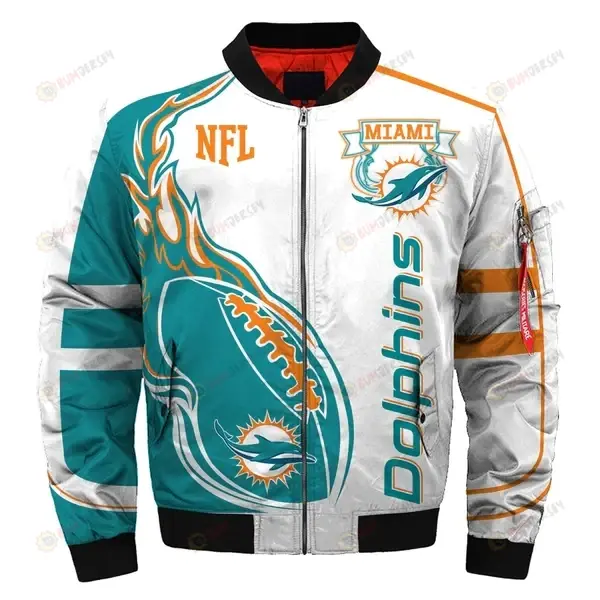 Miami Dolphins Pattern 3D Fullprint Bomber Jacket - White And Teal Color