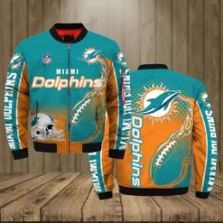 Miami Dolphins Pattern Bomber Jacket - Orange And Teal Color