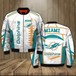 Miami Dolphins Pattern Bomber Jacket - White And Teal