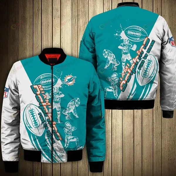 Miami Dolphins Players Pattern Bomber Jacket - White And Teal Color