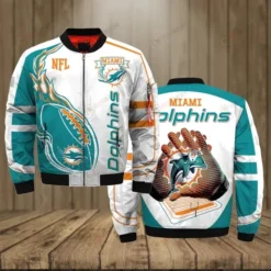 Miami Dolphins Team Logo Pattern Bomber Jacket - White And Teal
