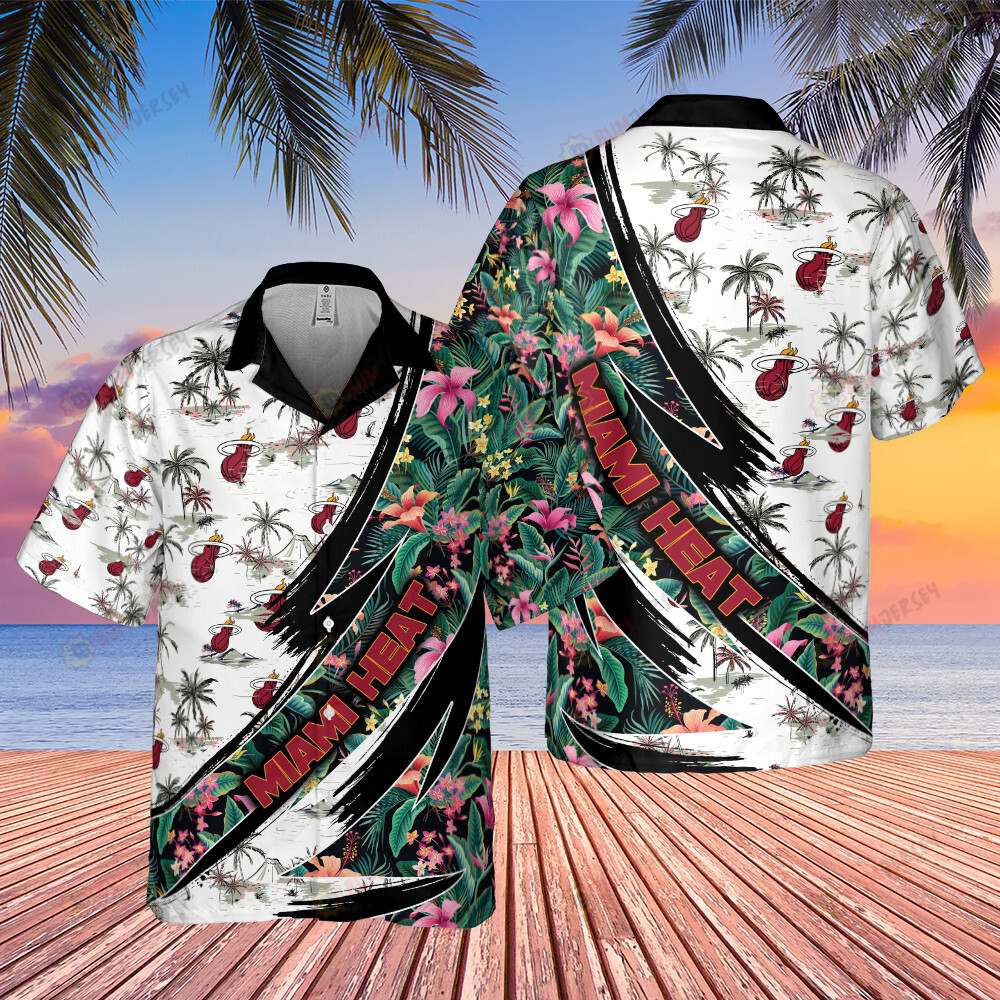 Miami Heat Hibiscus Flower And Tree Pattern Print Hawaiian Shirt