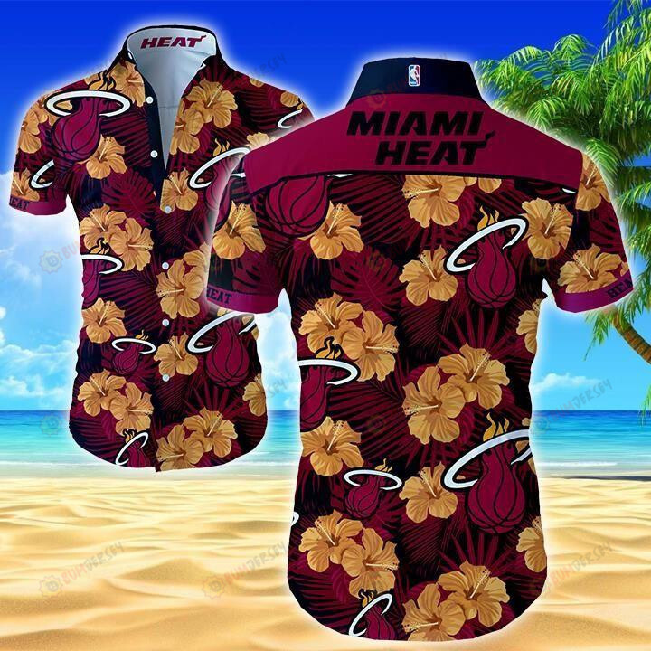 Miami Heat In Dark Red Curved Hawaiian Shirt