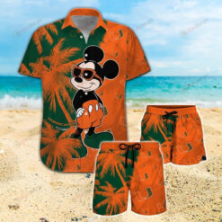 Miami Hurricanes And Mickey Orange And Green Hawaiian Shirt Set