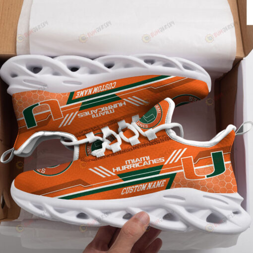 Miami Hurricanes Logo Custom Name Pattern 3D Max Soul Sneaker Shoes In Orange