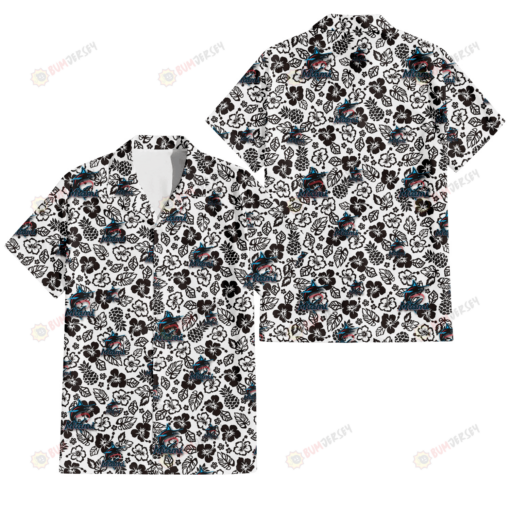 Miami Marlins Black And White Hibiscus Leaf White Background 3D Hawaiian Shirt