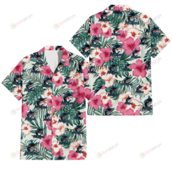 Miami Marlins Coral Pink Hibiscus Green Leaf Beige Background 3D Hawaiian Shirt