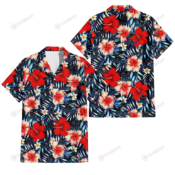 Miami Marlins Coral Red Hibiscus Blue Palm Leaf Black Background 3D Hawaiian Shirt