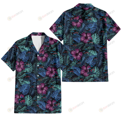 Miami Marlins Dark Magenta Green Leaf Black Background 3D Hawaiian Shirt