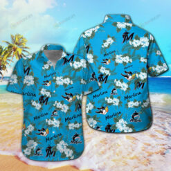 Miami Marlins Floral & Leaf Pattern Curved Hawaiian Shirt In Blue