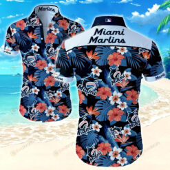 Miami Marlins Hibiscus Curved Hawaiian Shirt In Black