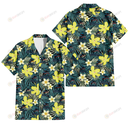 Miami Marlins Hibiscus Green Palm Leaf Black Background 3D Hawaiian Shirt
