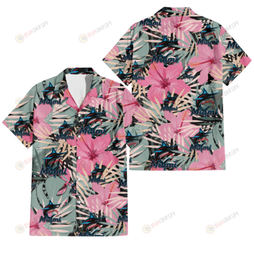 Miami Marlins Light Pink Hibiscus Pale Green Leaf Black Background 3D Hawaiian Shirt