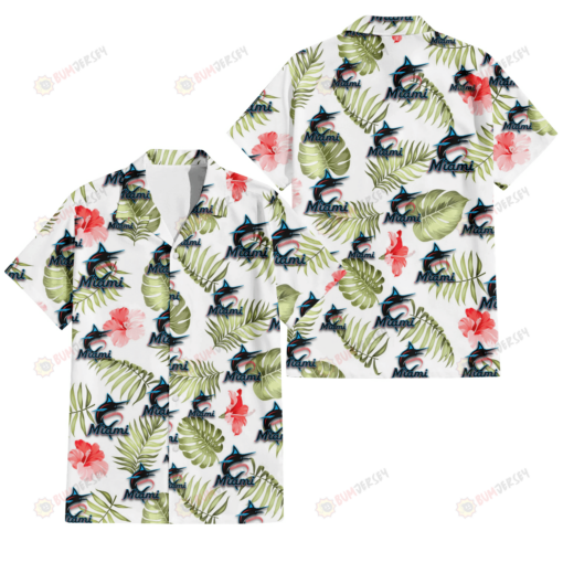 Miami Marlins Light Salmon Hibiscus Green Leaf White Background 3D Hawaiian Shirt