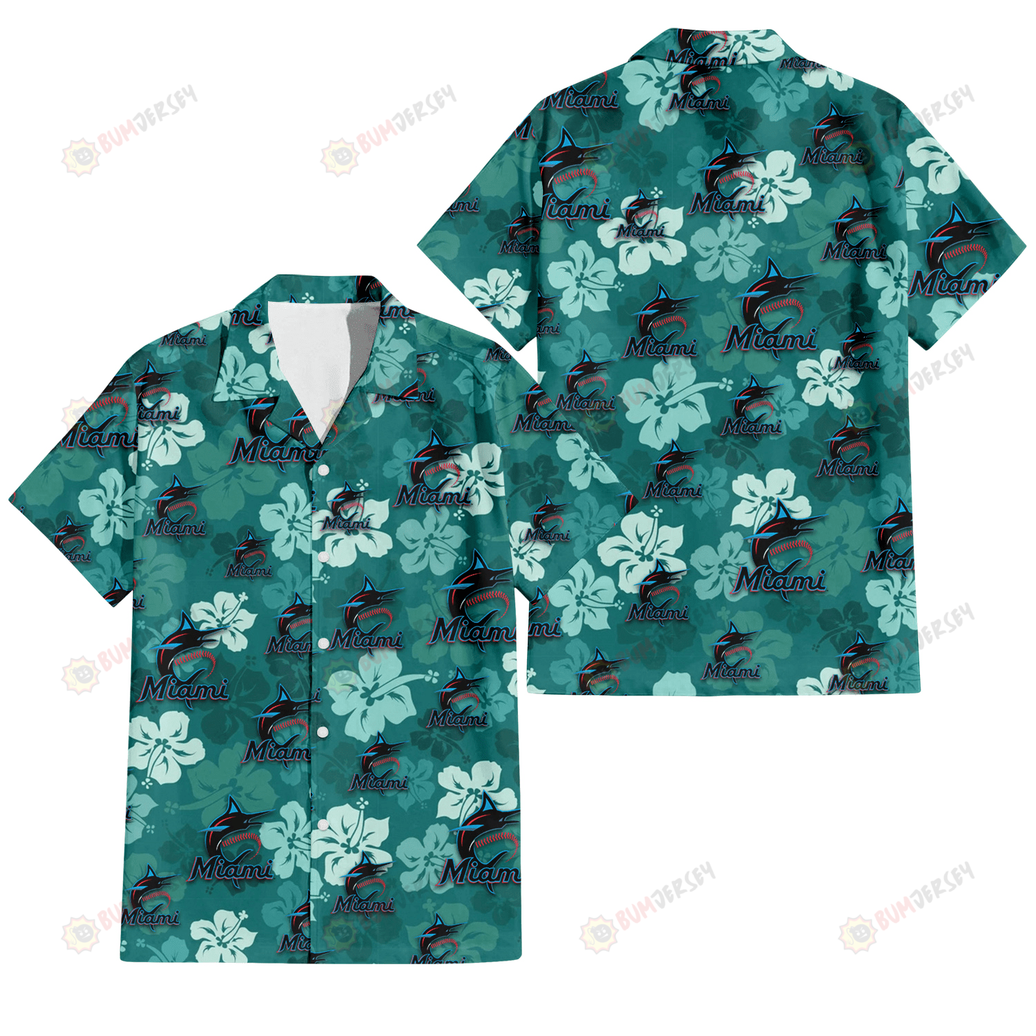 Miami Marlins Light Sea Green Hibiscus Green Background 3D Hawaiian Shirt