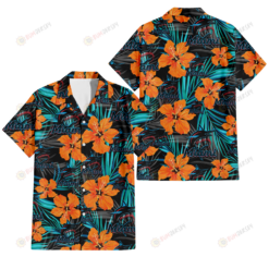 Miami Marlins Orange Hibiscus Blue Gray Leaf Black Background 3D Hawaiian Shirt