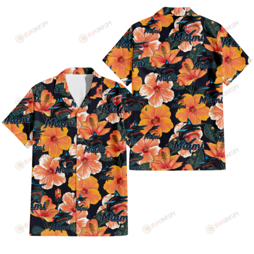 Miami Marlins Orange Hibiscus Dark Green Leaf Black Background 3D Hawaiian Shirt