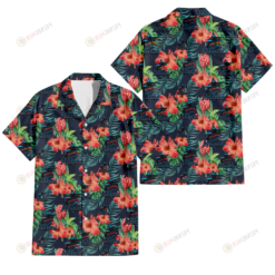 Miami Marlins Orange Hibiscus Green Tropical Leaf Dark Background 3D Hawaiian Shirt
