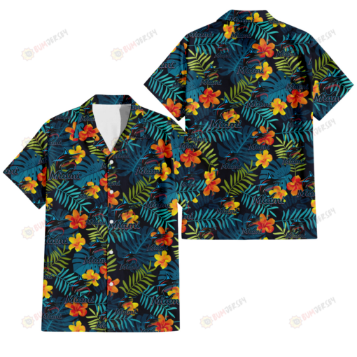 Miami Marlins Orange Yellow Green Leaf Black Background 3D Hawaiian Shirt