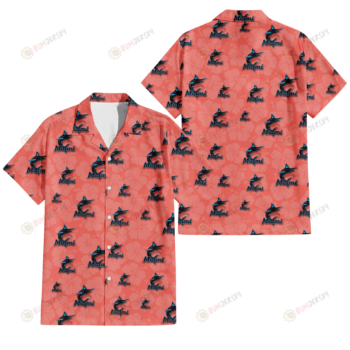 Miami Marlins Peach Puff Hibiscus Tomato Orange Background 3D Hawaiian Shirt