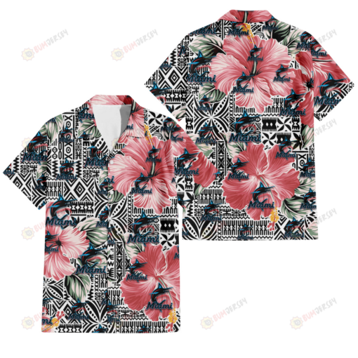 Miami Marlins Pink Hibiscus Black Pattern White Background 3D Hawaiian Shirt
