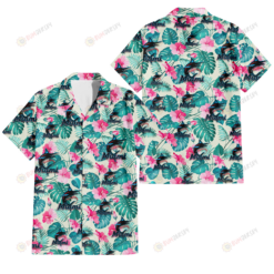 Miami Marlins Pink Hibiscus Green Leaf Beige Background 3D Hawaiian Shirt