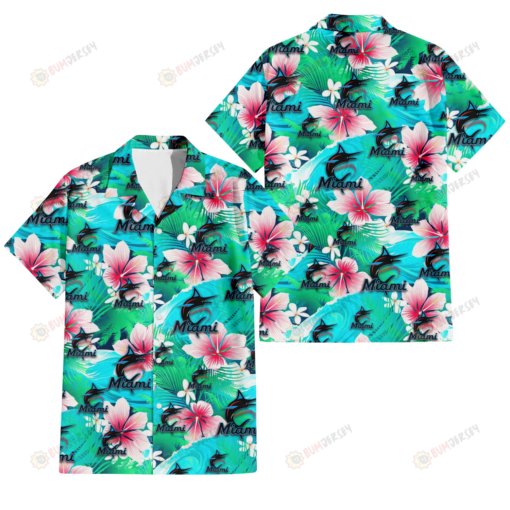Miami Marlins Pink Hibiscus Green Leaf Blue Background 3D Hawaiian Shirt