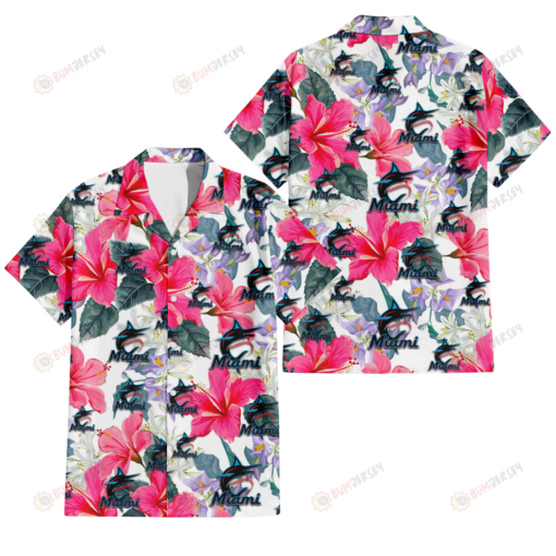 Miami Marlins Pink Hibiscus White Orchid White Background 3D Hawaiian Shirt