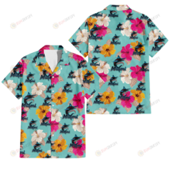 Miami Marlins Pink Yellow White Hibiscus Turquoise Background 3D Hawaiian Shirt