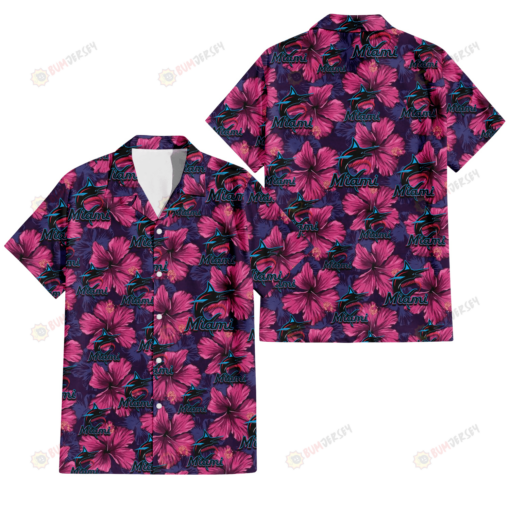 Miami Marlins Plum Vilolet Hibiscus Dark Navy Leaf Black 3D Hawaiian Shirt