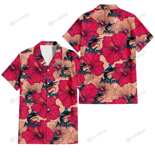 Miami Marlins Red Beige Hibiscus Beige Background 3D Hawaiian Shirt