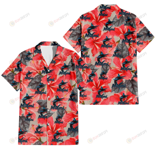 Miami Marlins Red Hibiscus Gray Leaf Beige Background 3D Hawaiian Shirt