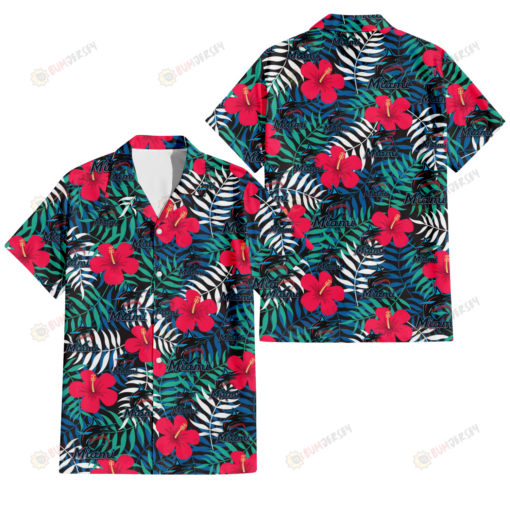 Miami Marlins Red Hibiscus Green Blue White Leaf Black Background 3D Hawaiian Shirt