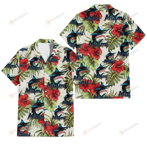 Miami Marlins Red Hibiscus Green Tropical Leaf Cream Background 3D Hawaiian Shirt
